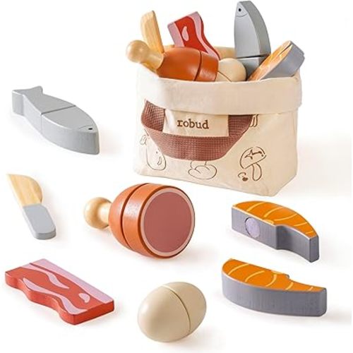 ROBUD Wooden Play Food Set, Cutting Toy Food for Pretend Kids Play Kitchen Accessories Toy Food with Storage Bag, Toys Gifts for 3+ Year Old Girls Boys, Meat Set