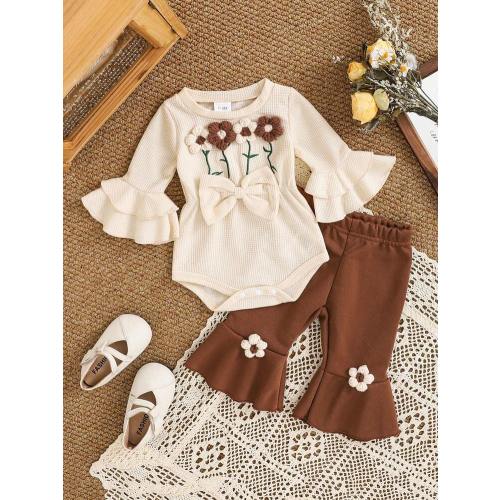 2pcs Baby Girls' Crew Neck Long Sleeve Floral Embroidery Bow Bodysuit + Brown Flare Pants Set | SHEIN USA