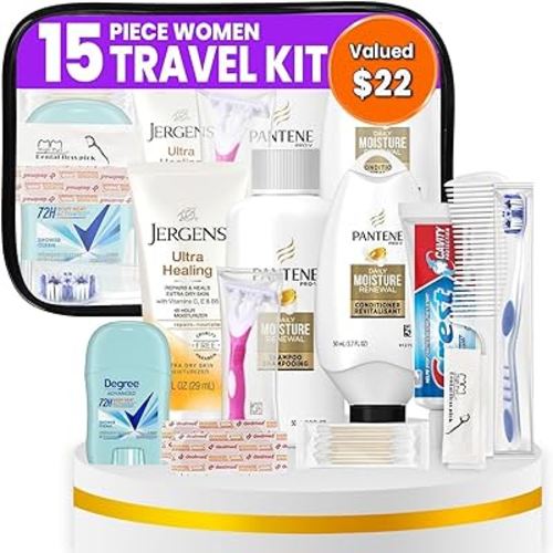 Trektote Toiletry Kit For Women, Featuring Top Brand Toiletries for Whole Body, TSA Compliant Travel Essentials with Shampoo, Conditioner, Lotion, Toiletry Bag & More, 15 Piece Set