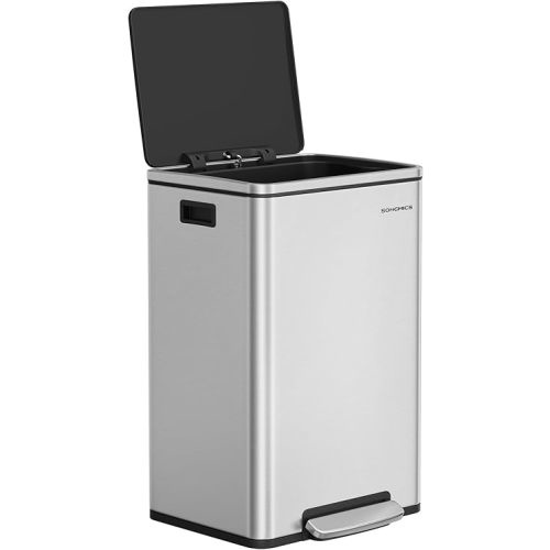 SONGMICS Trash Can, 13-Gallon Gabbage Can, with 15 Trash Bags, Stainless Steel, with Soft-Close Lid, Removable Inner Bucket, Handles, Silver ULTB595E01