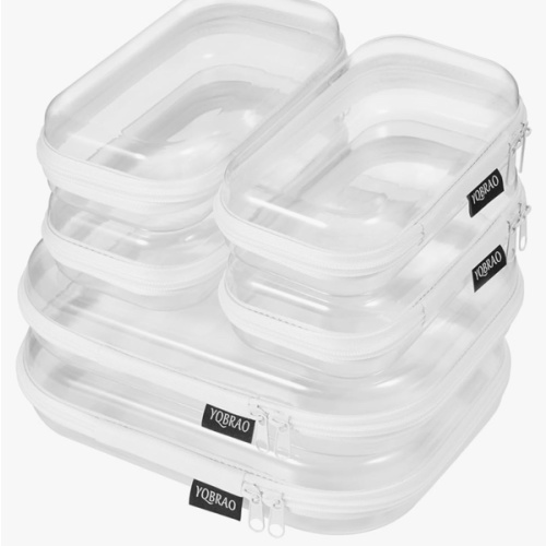 YQBRAO 6 Pack Clear Hard Shell Zipper Case (4 Small & 2 Medium), Hard Plastic Organizer Pouches for Travel, Small Items, Makeup, Electronics & Art Supplies - Crush-Resistant & Waterproof Storage
