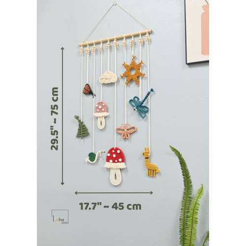 Macrame Forest Wall Hanging: Wood Beads, Dragonfly, Leaf Decor