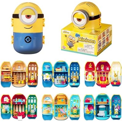 Minions Blind Box Figures Toys, Surprising Party Series, Mini Figure Scene Set for Home Decor Desk Accessories, Delicate Ornament with Stickers for Adults & Kids Age 3+, Single Box