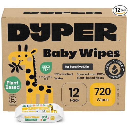 DYPER Baby Wipes Unscented (720 Count) - 99% Water-Based & Hypoallergenic Baby Wipes, Made with Plant-Based Materials, Gentle for Sensitive Skin, Fragrance & Plastic-Free Wet Wipes, 12 Pack