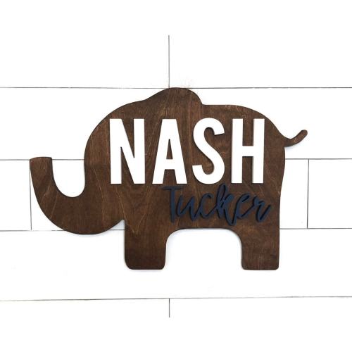 Elephant Nursery Name Sign, 18-36 Inch, Baby Shower, Round plaque, Personalized Wooden Sign, 3D Safari, Hickory Hollow Designs, Sprinkle