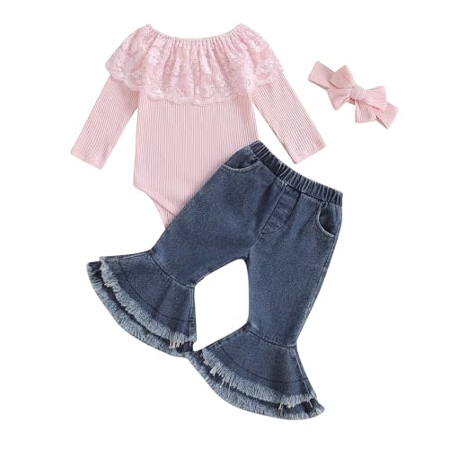 Hnyenmcko Newborn Baby Girl Clothes Ribbed Long Sleeve Ruffle Romper Bell-Bottom Pants Headband Set 3Pcs Fall Winter Outfits