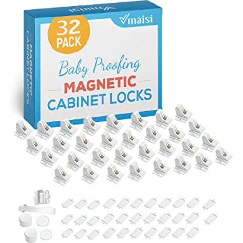 Vmaisi Adhesive Magnetic Locks for Cabinets & Drawers (32 Locks and 4 Keys)