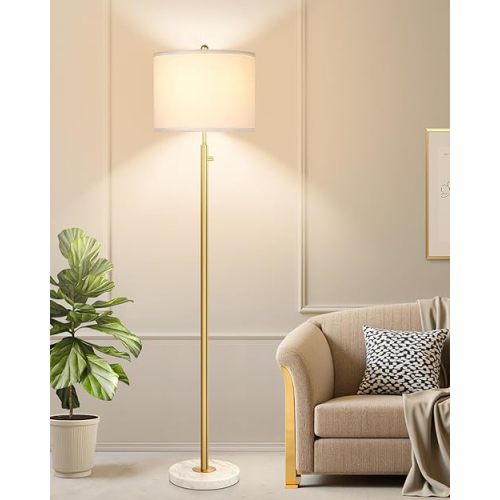 【Upgraded】Dimmable Gold Floor Lamp for Living Room, 11W LED Bulb Included, Modern Standing Lamp with Marble Base, Tall Pole Light with White Linen Shade for Bedroom Reading Office Corner Nursery