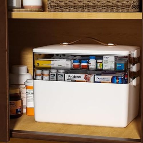 JOYBOS 3-Tier Medicine Storage Box Cabinet, Empty First Aid Kit Portable Medical Supply Organizer with Leather Handle for Home