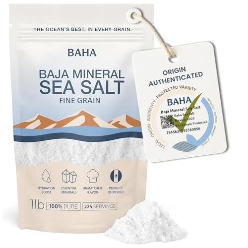 BAHA - Baja Mineral Sea Salt | Fine Grain Baha Mineral Salt from Sea of Cortez | Low Sodium & Mineral | For Cooking, Plating and Hydration | Traceable Origins | 1 Lb. Bag