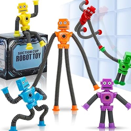 Robot Suction Cup Toys Pop Tubes | 6 PCS-Stretchy Sensory Fidget Toys for Kids Ages 3+ | Perfect for Travel, Party Favors,Autism, Stress Relief Stocking Stuffers