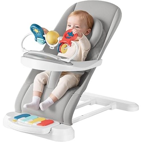 Monamii Baby Bouncer, Baby Bouncer Seat with Detachable Pianos & Feeding Tray, 3-Level Adjustable Positions Bouncing Seat, Infant Bouncer Seat and Toddler Chair (Grey)