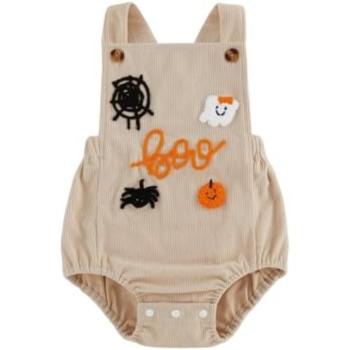 Newborn Baby Girl Boy Halloween Outfit Boo Ghost Embroidery Romper Sleeveless Corduroy Overalls Halloween Clothes