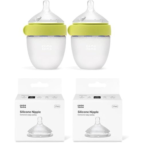 Newborn Baby Bottle Feeding Set – Comotomo Gen 2 5oz Silicone Baby Bottles (Green) + Slow Flow & Medium Flow Nipples – Anti Colic Breast Like Bottle for Newborn Feeding
