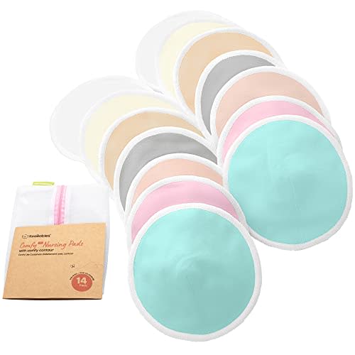 Organic Breast Pads - 14 Viscose Derived from Bamboo Washable Pads + Wash Bag, 3-Layers Breastfeeding Nipple Pad for Maternity, Reusable Nipplecovers for Breast Feeding(Pastel Touch Lite, L 4.8")