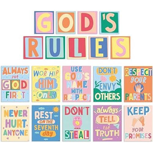 S&O God's Rules 10 Commandments for Kids Poster & Card Set - Bright and Colorful Ten Guidelines Wall Art - Sunday School Decorations for Learning Space - 10 Principles Wall Decor - 10 Rules Print