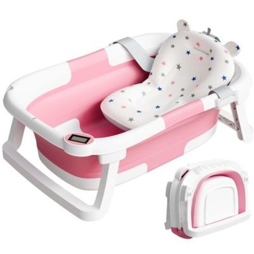 TUMAJUP Collapsible Baby Bathtub for Infants and Toddlers with Bath Net and Thermometer-Baby Pink