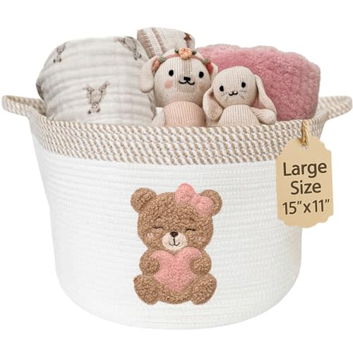 Pink Teddy Bear Storage Basket for Baby Girl Nursery – 15"x11" Cotton Rope Bin with Embroidered Bear Patch – Toy Organizer, Baby Laundry Hamper, Blanket & Diaper Holder – Foldable & Washable