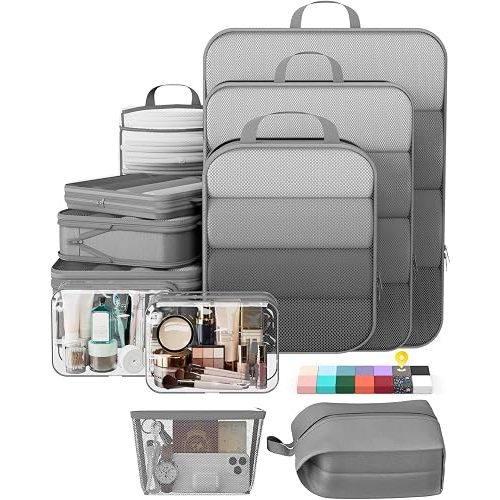 Veken 11-Pack Compression Packing Cubes for Travel Essentials,Compressible Expandable Large Luggage Suitcase Organizer Bags for Clothing,Durable Space Saver Bags with Toiletry Bags(Gray)
