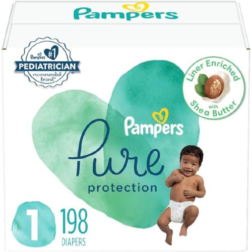 Pampers Pure Protection Diapers - Size 1, 198 Count, Hypoallergenic Premium Disposable Baby Diapers