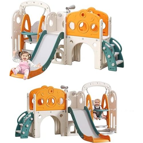 Toddler Slide, Kids Swing and Slide for Toddlers Outdoor Indoor Playset for Toddlers with Basketball Hoop and Ball Playset Telescope Playground