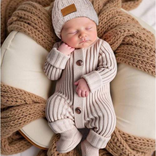 SHEIN Cozy Long Sleeve Newborn Button-Up Jumpsuit In Soft Striped Fabric Newborn Knit Outfit Boy Newborn Outfit Photoshoot Boy Neutral Newborn Baby Clothes Newborn Sweater Romper Newborn Knit Romper,In Fall/Winter