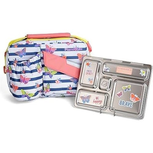 PlanetBox Rover Stainless Steel Bento Box Style Lunch Box Kit for Youth with 5 Compartments – Butterflies Edition includes Insulated Lunch Bag, Leakproof Food Containers & Matching Magnets