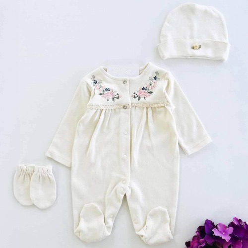 3 Pcs Floral Embroidered Cotton Newborn Jumpsuit Set