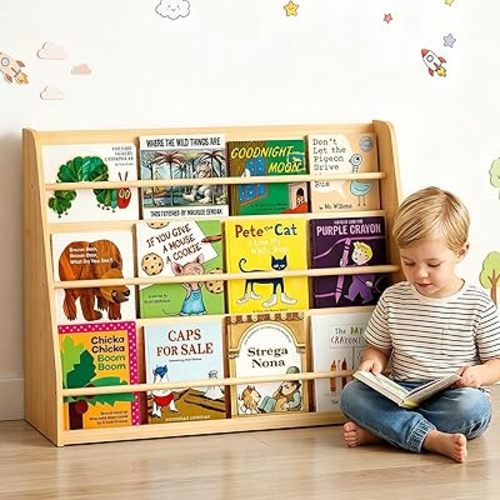 XiaZ Kids Bookshelf, Wooden Montessori Bookshelf for Toddlers with Front-Facing Display, Baby Book Display Shelves for Small Spaces, Childrens Book Organizer for Playroom, Nursery & Classroom, 3-Tier