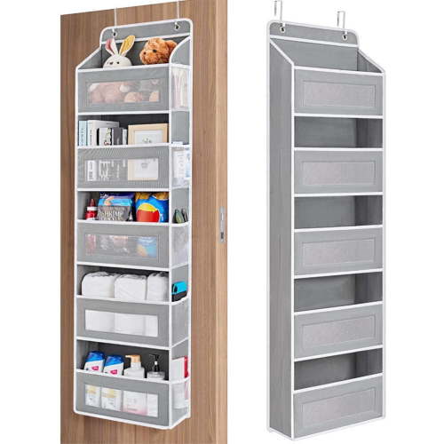 Over The Door Storage - 5 Shelf Behind Door Hanging Organizer with 5 Clear View Pockets, Secure Anti-Tilt System Holds 55lbs - Space Saving Organizer for Bedroom, Bathroom, Closet (Light gray）
