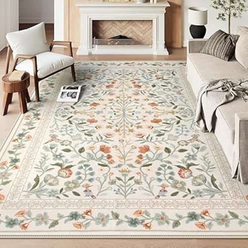 Lahome Floral Washable Area Rugs 8x10, Non-Slip Living Room Carpet Soft Tumble Washable Rugs for Bedroom Nursery, Vintage Botanical Print Carpet for Classroom Kids Room Dining Room, Beige