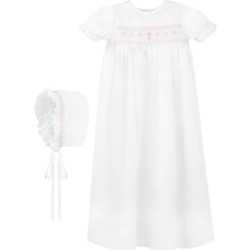 Baby Smocked Christening Gown & Bonnet Set, 3M, White