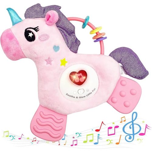 Baby Musical Activity Soft Toys with Sound & Light, Sensory Toys for Infant Developmental with Teether, Rattle and Textures, Soft Plush Toy for Newborn Gift 6 to 12 Months (Pink Unicorn)