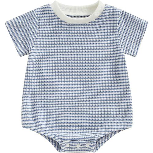 Newborn Boy Clothes Short Sleeve Stripe Bubble Romper Waffle Bodysuit Tshirt Cute Summer Outfit