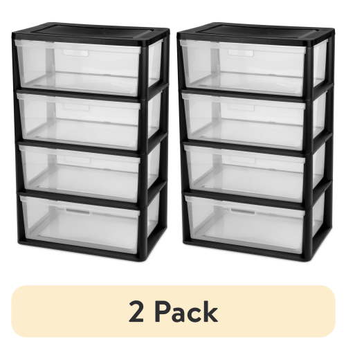 (2 pack) Sterilite Wide 4 Drawer Tower, Plastic Storage Organizer with Removable Clear Bins, Easy Assembly, No Tools Needed, Black