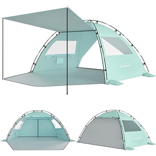 Elegear Beach Tent Sun Shelter with Canopy, 4-5 Person Pop Up Beach Tent, Easy Setup UPF 50+ UV Protection Portable Lightweight Double Silver Coating Cabana Sun Shade Shelter - Green