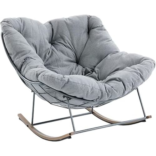 Outdoor Rocking Chair, 400 lbs Sturdy Frame with Thick Cushion,Patio Papasan Chair for Bedroom, Living Room, Porch, Garden(Grey)