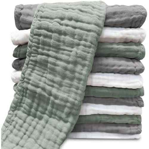 Sunny zzzZZ Muslin Burp Cloths for Baby 100% Cotton Burping Cloths for Unisex, Boy, Girl - Large 20'' by 10'' Newborn Essentials Ultra Soft Absorbent Milk Spit Up Rags - 12 Pack - White+Green+Grey