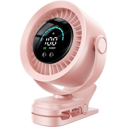KIMMOO Portable Clip on Fan, 100-Speed Rechargeable USB Fan with LED Display, 360° Rotation & Strong Airflow Desk Fan, Up to 17 Hours Small Battery Fan for Outdoor Travel Camping Treadmill Car (Pink)