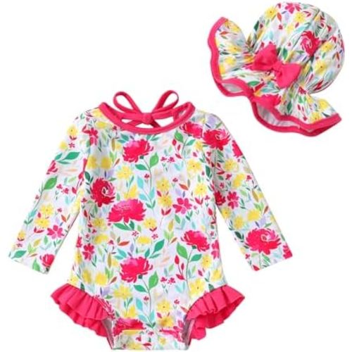 YOUNGER TREE Infant Baby Girls Swimsuit Long Sleeve Swimsuits One Piece Swimsuit Solid Color Bathing Suit with Hat, UPF 50+