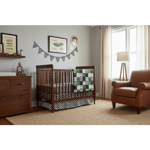 Green Muscle Cars Race Flag Crib Bedding - Vintage Car Nursery - DBC Baby Bedding Co – DBC Baby Bedding Co