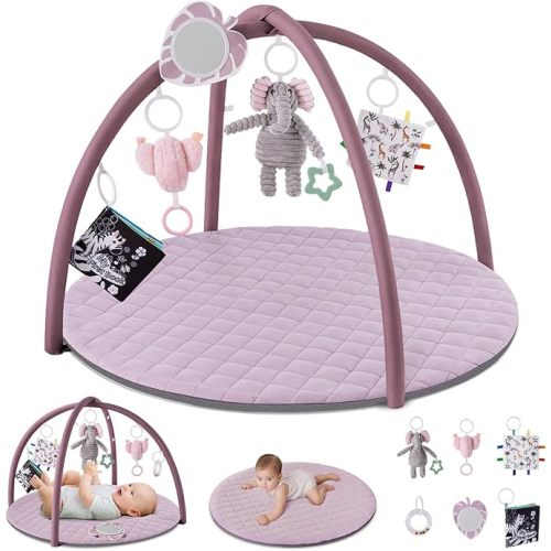 Baby Play Gym Mat, Tummy Time Activity Mat with 6 Detachable Toys for Stage-Based Sensory and Motor Skill Development, Washable Play Mats for Infant, Newborn Baby Essentials, Sage Green