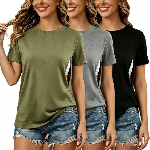 Women's Nursing Shirts for Breastfeeding with Hidden Zipper Short Sleeves 3 Pack Maternity Nursing Tops