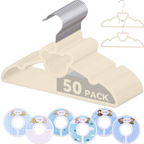 Kids Velvet Hangers 50 Pack,12.8 Inch Non-Slip Baby Clothes Hangers for Closet,Ultra Slim and Stackable Space Saving Children Felt Hangers,Strong & Durable Kid & Toddler – Beige