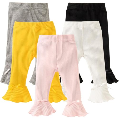 DREAM BUS 5 Pack Baby Pants Toddler Girl Ribbed Ruffle Bell Bottoms Toddler Leggings Baby Boy Pants Newborn Girl Flare Pants