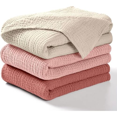 Dreamology Muslin Swaddle Blankets for Boys and Girls,3-Pack Soft & Breathable, Skin-Friendly, Soft Silky Wrap Cotton Baby Muslin Swaddle Blankets for Unisex Newborn (Rose/Pink/Ecru)