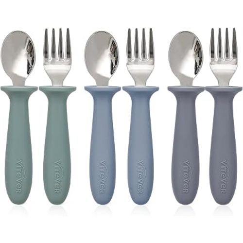 6 Pieces Toddler Utensils, Kids Safe Spoons and Forks, Children Silverware Set with Silicone Handle, 18/8 Stainless Steel, Food-grade Silicone,BPA Free - Dishwasher Safe