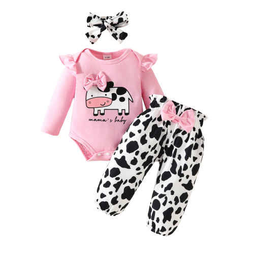 Bagilaanoe 3pcs Newborn Baby Girl Long Pants Set Print Long Sleeve Romper Tops + Trousers + Headband 3M 6M 9M 12M 18M Infant Casual Outfits