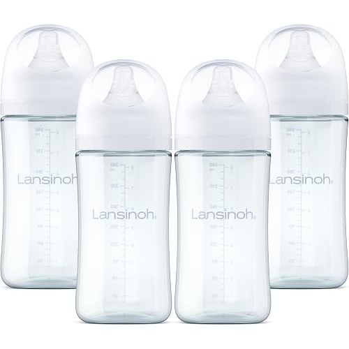 Lansinoh Glass Baby Bottles, Anti-Colic, White, 8oz, 4 Count, with Medium Flow Nipples (Size M, 3-6 Months), Baby Feeding Essentials