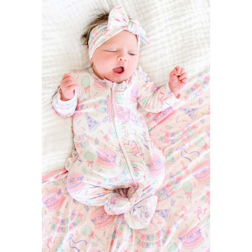 Bamboo Zipper Ruffle Footie in Birthday Bash | Caden Lane